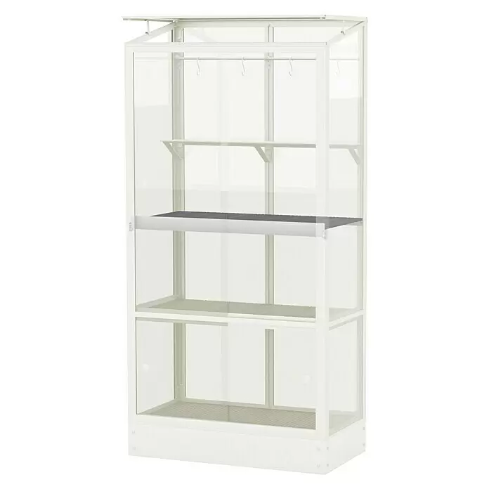 Gewächshaus-Einlegeboden für Balkongewächshaus - 80,5 x 11 x 6,5 cm, Alu eloxiert - Weißer Gewächshausschrank mit transparenten Wänden, Regalen und Haken.
