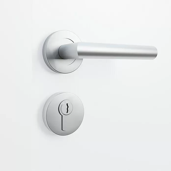 FM Türen Nebeneingangstür ATU68-520 - 90 x 207 cm, DIN Anschlag: Rechts, Weiß - Satinierte Chrom-Hebel-Türklinke und passendes Schlüsselloch.