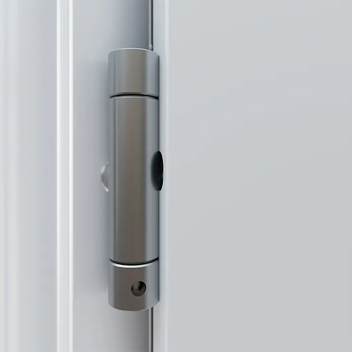 FM Türen Nebeneingangstür ATU68-520 - 90 x 207 cm, DIN Anschlag: Rechts, Weiß - Nahaufnahme eines Türbands aus Metall an einer weißen Tür, das für Stabilität und Funktionalität sorgt.