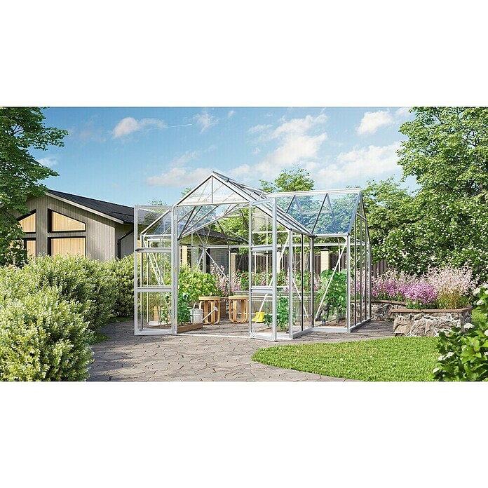 Vitavia Gewächshaus Campus (Außenmaß inkl. Dachüberstand (B x T): 383,4 x 383,3 cm, Material Seitenwand: Glas, 3 mm, Aluminium) | BAUHAUS