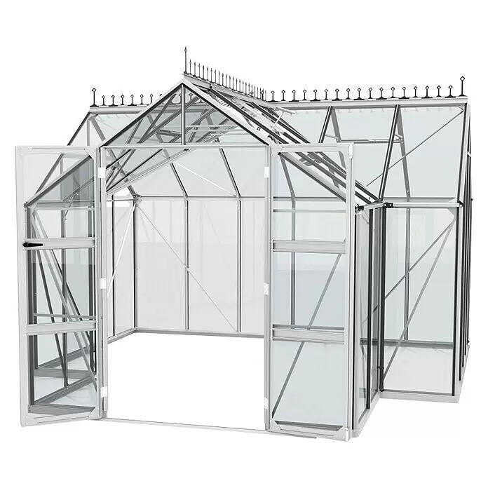 Vitavia Gewächshaus Campus - Außenmaß inkl. Dachüberstand (B x T): 383,4 x 383,3 cm, Material Seitenwand: Glas, 3 mm, Aluminium - Diagonale Ansicht
