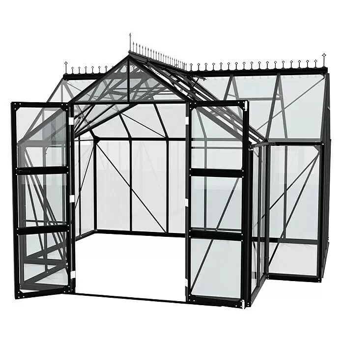 Vitavia Gewächshaus Campus - Außenmaß inkl. Dachüberstand (B x T): 383,4 x 383,3 cm, Material Seitenwand: Glas, 3 mm, Schwarz - Schwarzes Gewächshaus mit Klarglaspaneelen und offenen Doppeltüren, bereit für den Garten.