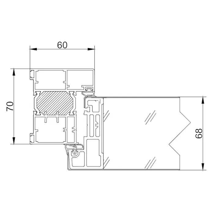 FM Türen Haustür AS68-05 - 110 x 210 cm, DIN Anschlag: Links, Anthrazit - Darstellung des Fensterprofils mit Maßangaben. Die Gesamtbreite des Profils beträgt 60 mm, die Höhe 70 mm und die Glasstärke 68 mm.