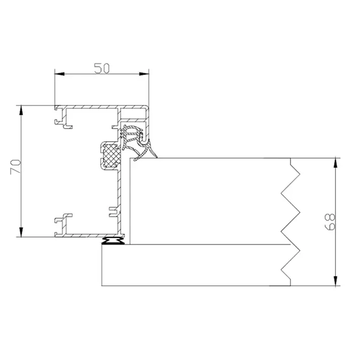FM Türen Nebeneingangstür ATU68-520 - 90 x 207 cm, DIN Anschlag: Rechts, Weiß - Technische Zeichnung eines Fensterprofils mit Bemaßungen. Das Profil zeigt Details und Abmessungen für Konstruktionszwecke.