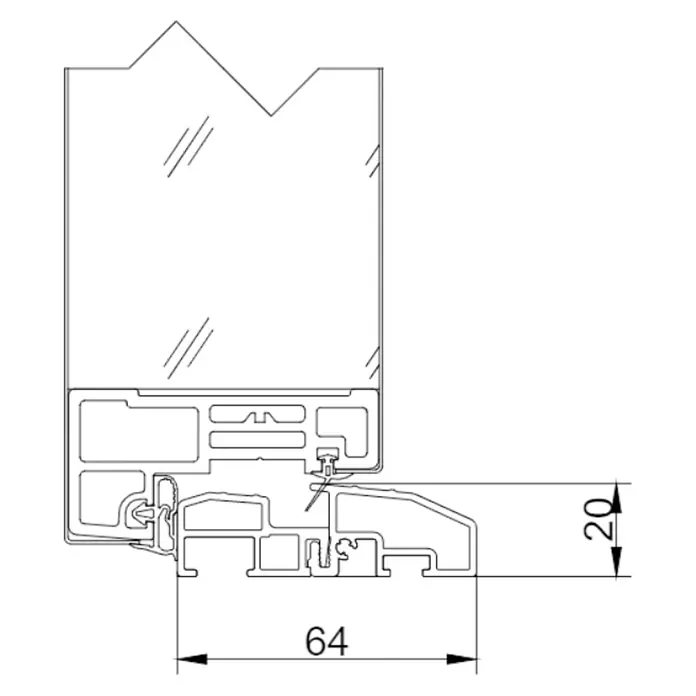 FM Türen Haustür AS68-05 - 110 x 210 cm, DIN Anschlag: Links, Anthrazit - Detailansicht eines Fensterrahmens mit Maßangaben. Die Zeichnung zeigt präzise die Konstruktion und Abmessungen des Fensterprofils.