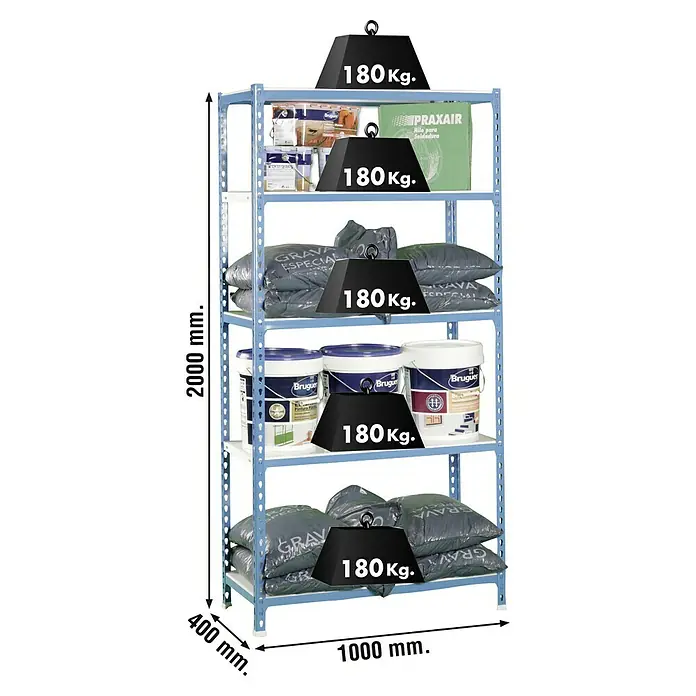 Simonrack Simonclick Metallregal Simonclick Plus - H x B x T: 200 x 100 x 40 cm, Traglast pro Boden: 180 kg, Anzahl Böden: 5 Stk., Stecken, Blau/Weiß - Das Bild zeigt ein Schwerlastregal mit fünf Ebenen, beladen mit Farbbehältern und Sandsäcken, wobei jede Ebene mit 180 kg belastet ist.