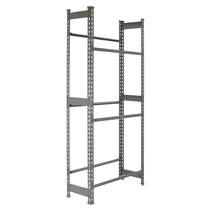 Simonrack Simonbottle Getränkekistenregal Bottleclick - H x B x T: 180 x 80 x 30 cm, Traglast Einlegeboden: 100 kg, Anzahl Böden: 3 Stk., Stecken, Grau - Ein graues Schwerlastregal mit mehreren Ebenen für Lager- oder Ausstellungszwecke. Solide Konstruktion für hohe Belastbarkeit.