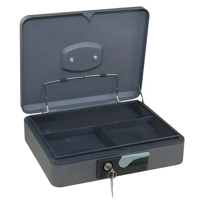 Arregui Pop Up Caja de caudales C-97 - L x An x Al: 25 x 18 x 9 cm, Gris grafito - Caja de caudales gris abierta con llave. Ideal para guardar de forma segura dinero en efectivo, documentos y objetos de valor en casa o en la oficina.
