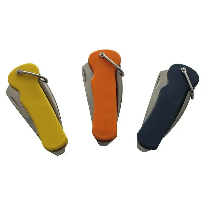 Navyline Messer - Orange - Bild von drei bunten Taschenmessern mit gelben, orangenen und blauen Griffen, alle mit Klingen aus rostfreiem Stahl.
