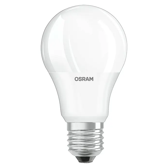 Osram Bombilla LED - E27, No regulable, Blanco cálido, 1.055 lm, 10 W - Primer plano de una bombilla LED OSRAM, que proporciona soluciones de iluminación eficientes para el hogar con una base E27 estándar.