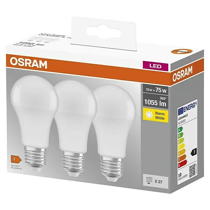 Osram Bombilla LED - E27, No regulable, Blanco cálido, 1.055 lm, 10 W - Tres bombillas LED OSRAM blancas en el embalaje, con 1055 lúmenes, blanco cálido, casquillo E27 y clase energética F.