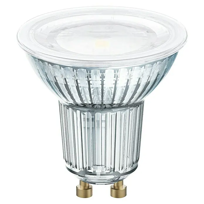 Osram Bombilla LED Star PAR16 - GU10, No regulable, Blanco neutro, 620 lm, 6,9 W - Primer plano de una lámpara LED MR16 con cristal transparente, destacando su diseño moderno y su solución de iluminación de bajo consumo.