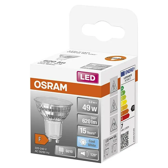 Osram Bombilla LED Star PAR16 - GU10, No regulable, Blanco neutro, 620 lm, 6,9 W - Primer plano de una bombilla LED OSRAM en su embalaje, mostrando detalles técnicos y una clase de eficiencia energética de F.