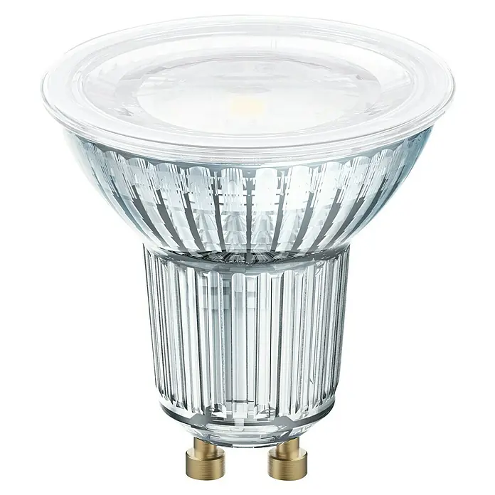 Osram Bombilla LED SuperStar PAR16 - GU10, Intensidad regulable, Blanco neutro, 650 lm, 7,9 W - Primer plano de una bombilla LED MR16, con un cuerpo de vidrio transparente y pines dorados, ideal para iluminación de acento.