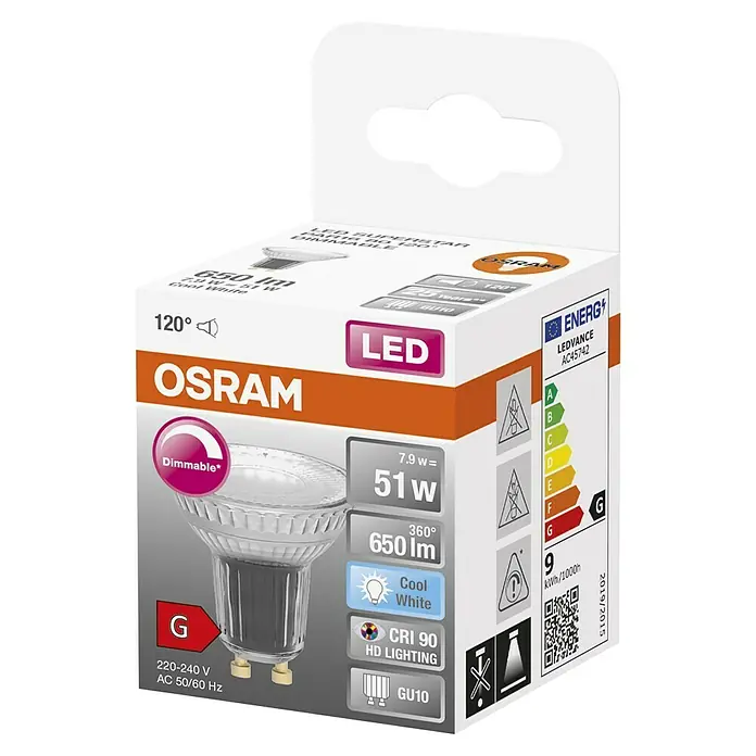 Osram Bombilla LED SuperStar PAR16 - GU10, Intensidad regulable, Blanco neutro, 650 lm, 7,9 W - Imagen del producto: Lámpara LED Osram, regulable, 51W, 650 lúmenes, blanco frío, base GU10, clase de eficiencia energética G.