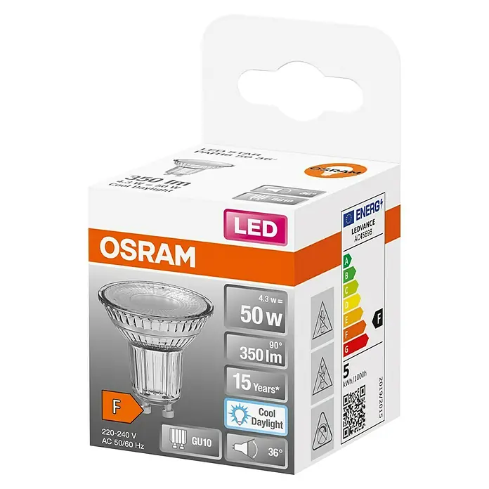 Osram Bombilla LED Star PAR16 - GU10, No regulable, Blanco frío, 350 lm, 4,3 W - Embalaje de una lámpara OSRAM LED STAR PAR16 50 36°, que ofrece una iluminación eficiente energéticamente con una vida útil de 15 años.