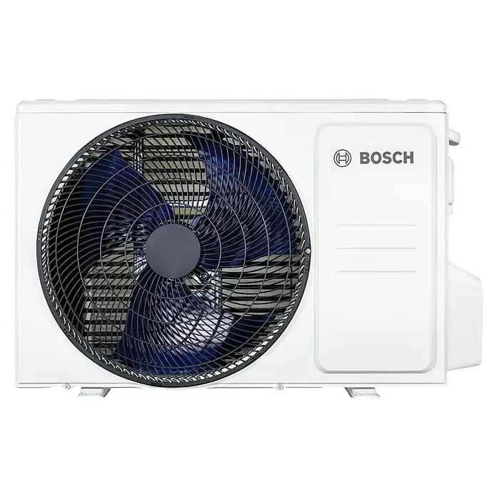 Bosch Aire acondicionado Inverter Climate 2000 - 2.600 W, 3.000 W, 16 m², Blanco - Unidad exterior de aire acondicionado Bosch en blanco con un gran ventilador y el logotipo de Bosch en la parte superior derecha.
