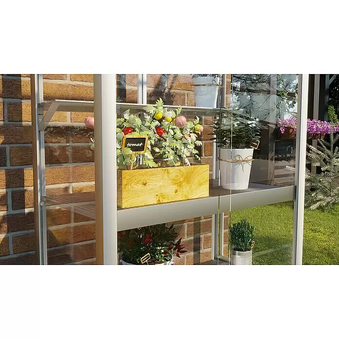 Gewächshaus-Einlegeboden für Balkongewächshaus - 80,5 x 11 x 6,5 cm, Alu eloxiert - Silbernes Aluminium-Gewächshausregal mit Glaspaneelen, das Topfpflanzen wie Tomaten und Paprika hält.