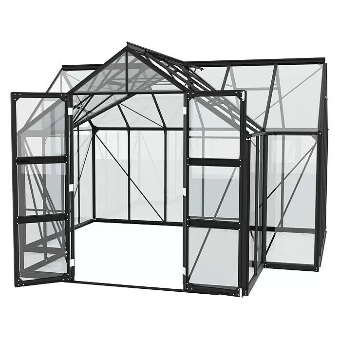 Vitavia Gewächshaus Campus - Außenmaß inkl. Dachüberstand (B x T): 383,4 x 383,3 cm, Material Seitenwand: Glas, 3 mm, Schwarz - Schwarz umrahmtes Glasgewächshaus mit geöffneten Türen und Dachlüftungen.