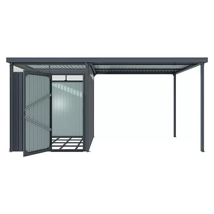 Vitavia Gerätehaus Rheinfelden 78 - Außenmaß inkl. Dachüberstand (B x T): 490 x 245 cm, Stahl, Anthrazit - Dunkelgraues Metallgerätehaus mit offener Tür und angeschlossenem Wellblech-Carport.