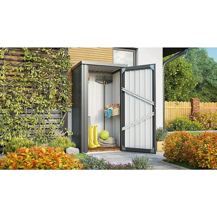 Vitavia Geräteschrank - 98 x 81 cm, Stahl, Anthrazit - Ein geräumiger Gartenschrank mit offenstehender Tür, der ausreichend Platz für Gartengeräte und Zubehör bietet. Perfekt für die Gartenorganisation.