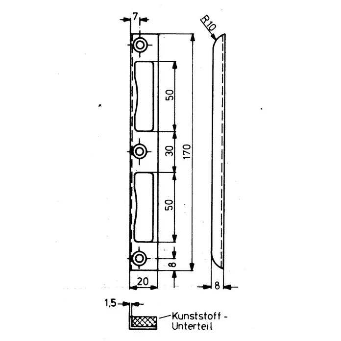 Stabilit Winkelblech - L x B x H: 170 x 20 x 8 mm, Metall - Technische Zeichnung einer Türgriffgarnitur mit Maßangaben.