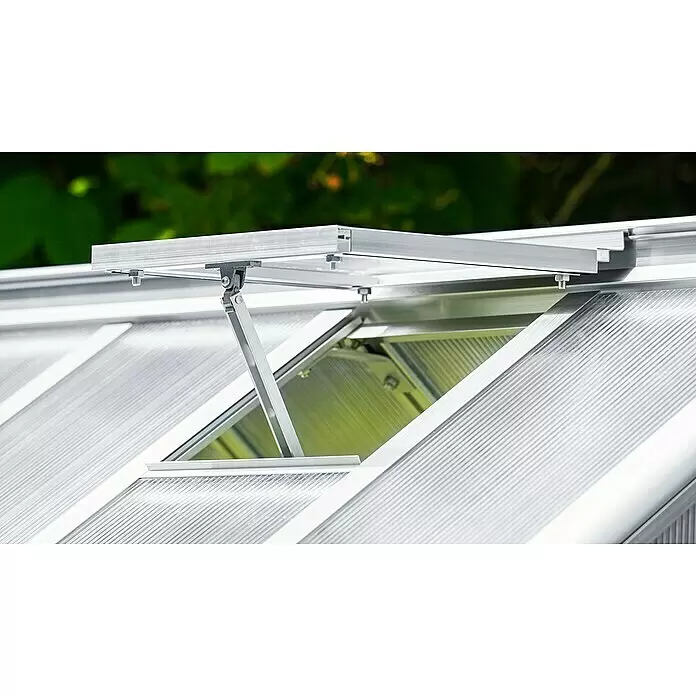 Vitavia Gewächshaus Merlin - Außenmaß inkl. Dachüberstand (B x T): 87,2 x 111,6 cm, Material Seitenwand: Kunststoff, 4 mm, Aluminium - Silberner automatischer Gewächshaus-Dachfensteröffner, teilweise geöffnet.
