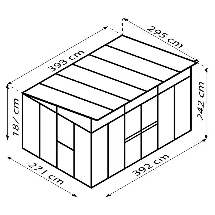 Vitavia Gerätehaus Kosmos 11500 - Außenmaß inkl. Dachüberstand (B x T): 392,8 x 295 cm, Aluminium, Alu/ Grau - Skizze