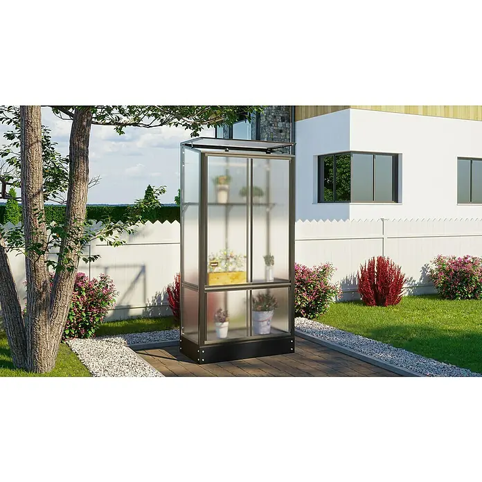 Vitavia Gewächshaus StadAußenmaß inkl. Dachüberstand (B x T): 81,2 x 42,8 cm, Material Seitenwand: Kunststoff, 4 mm, Schwarz - Ein Gewächshaus im Garten. Ideal für den Anbau von Pflanzen. Mit seinem eleganten Design fügt es sich perfekt in jeden Garten ein.