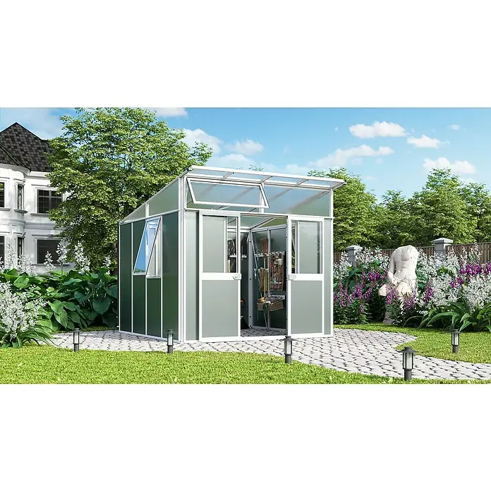 Vitavia Gerätehaus Kosmos 7800Außenmaß inkl. Dachüberstand (B x T): 267 x 295 cm, Aluminium, Weiß/ Grau - Das Bild zeigt ein Gewächshaus mit einem weißen Rahmen, das sich perfekt für den Garten eignet. Es ist eine großartige Ergänzung für jeden Außenbereich.