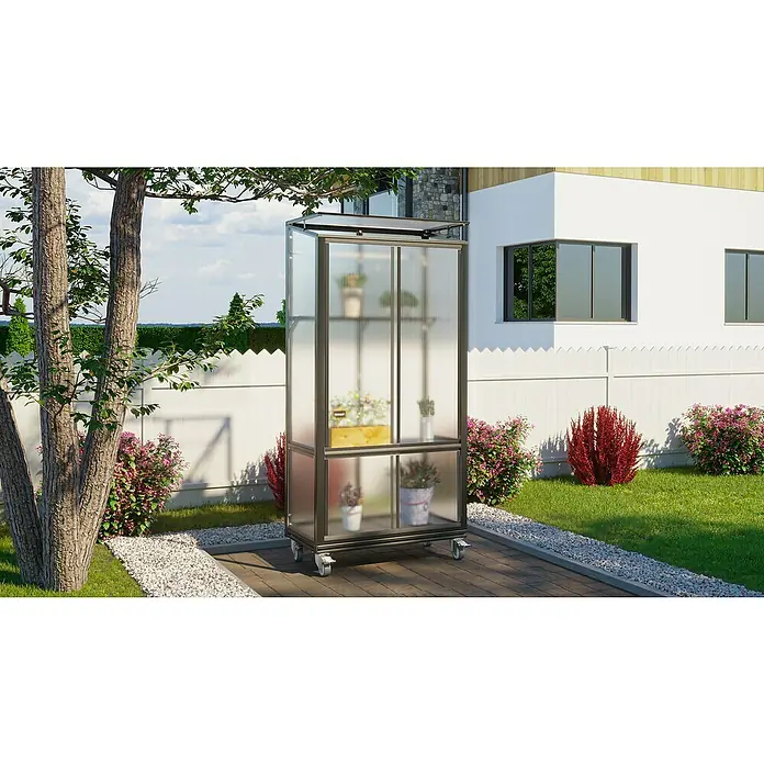 Vitavia Gewächshaus Stad - Außenmaß inkl. Dachüberstand (B x T): 81 x 42,8 cm, Material Seitenwand: Kunststoff, 4 mm, Schwarz, Mit Rollen - Mobiles Mini-Gewächshaus mit transparenten Wänden und Regalen, ideal für den Garten oder Balkon, um Pflanzen zu züchten und zu schützen.