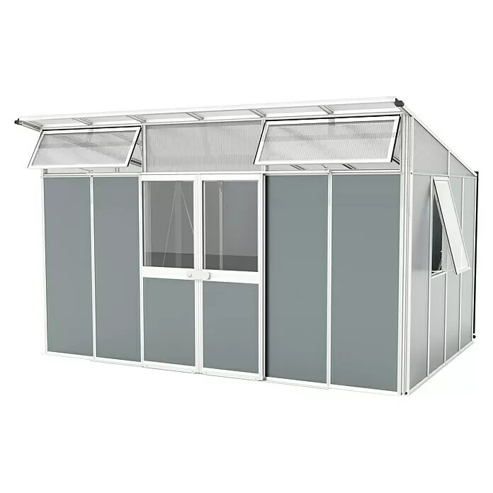 Vitavia Gerätehaus Kosmos 11500 - Außenmaß inkl. Dachüberstand (B x T): 392,8 x 295 cm, Aluminium, Weiß/ Grau - Modernes Anlehngewächshaus mit weißem Rahmen, grauen Paneelen, transparentem Dach und Lüftungsfenstern.
