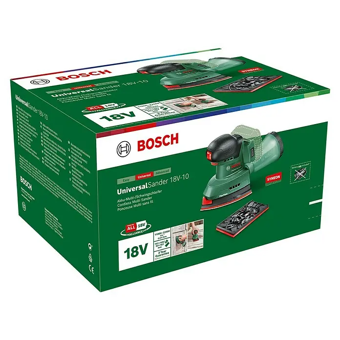 Bosch Power for All 18V Akku-Deltaschleifer Universal Sander 18V-10 - 18 V, Ohne Akku, Leerlaufschwingzahl: 12.000 U/min - 22.000 U/min - Kartonverpackung für den Bosch UniversalSander 18V-10 Akku-Multischleifer, ideal für vielseitige Schleifarbeiten.