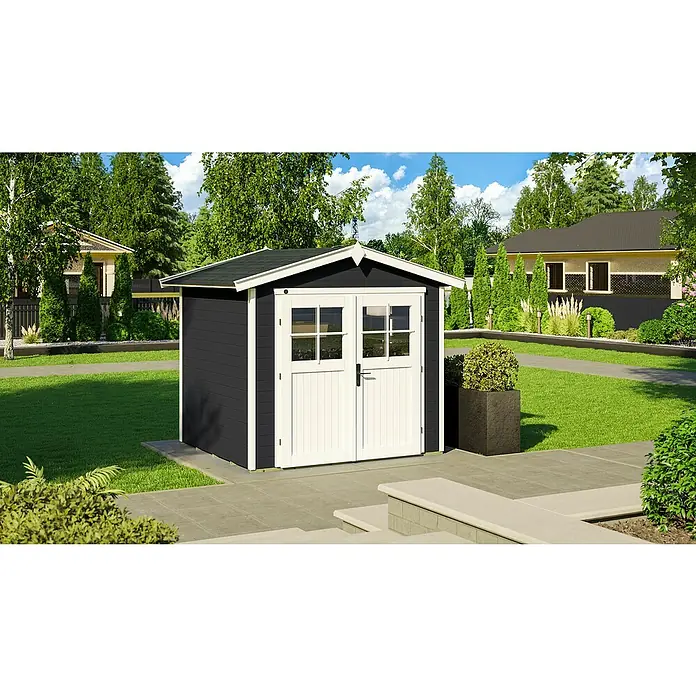 Weka Gartenhaus 224 - Außenmaß inkl. Dachüberstand (B x T): 280 x 233 cm, Holz - Gartenschuppen in dunklem Holz mit weißen Türen. Ein schönes und praktisches Gartenhaus für die Aufbewahrung von Gartengeräten.