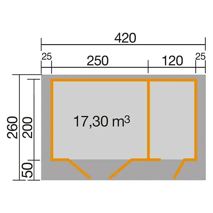 Weka Gartenhaus 253 - Außenmaß inkl. Dachüberstand (B x T): 420 x 260 cm, Holz, Hellgrau/ Weiß - Draufsicht der Gartenlaube mit Maßangaben zu Länge, Breite und Höhe. Die Grundfläche beträgt 17,30 m³.