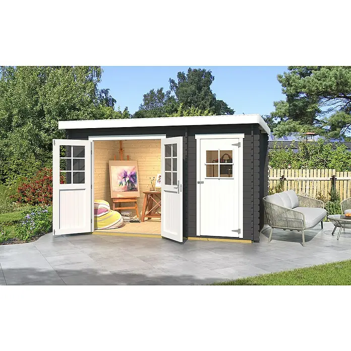 Weka Gartenhaus 254 - Außenmaß inkl. Dachüberstand (B x T): 390 x 244,9 cm, Holz, Graphitgrau/ Weiß - Geräumiges Gartenhaus mit Doppeltür und Fenster, ideal als Atelier oder Hobbyraum, mit Platz für Staffelei und Sitzgelegenheiten im Freien.