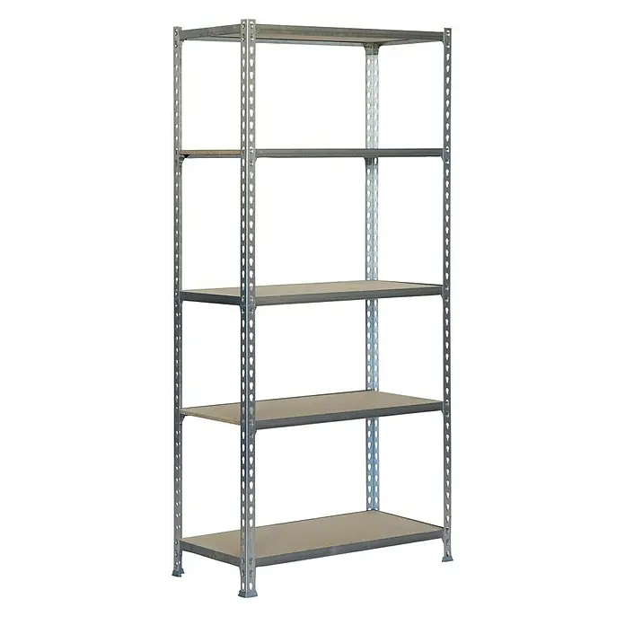 Simonrack Maderclick Metallregal Maderclick Mini - H x B x T: 180 x 80 x 40 cm, Traglast pro Boden: 150 kg, Anzahl Böden: 5 Stk., Stecken, Silber - Das Bild zeigt ein graues Schwerlastregal mit fünf Ablageflächen, ideal für Lagerung in Werkstatt oder Keller.
