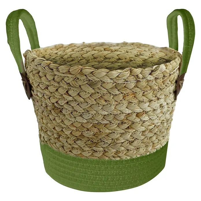 Korb Grasgeflecht - Natur/Grün, Ø x H: 21 x 15,5 cm - Korb mit grünen Griffen und Basis. Ideal für die Aufbewahrung verschiedener Gegenstände und zur Dekoration Ihres Zuhauses.
