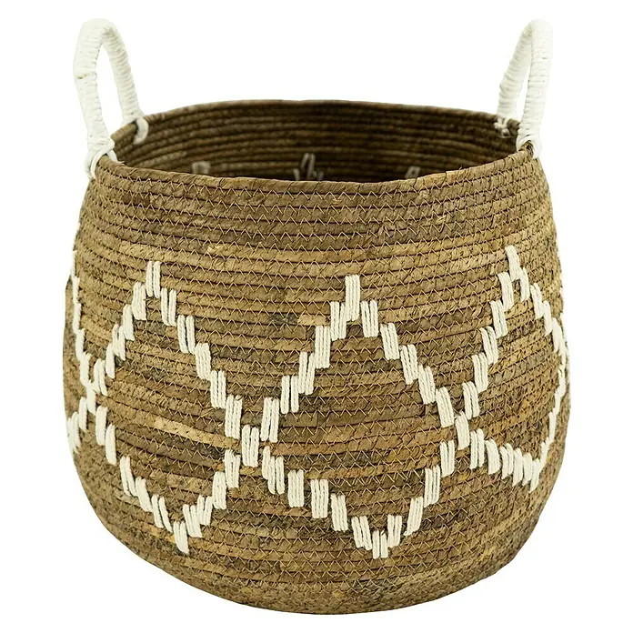 Korb Bananenblatt-Raute - Ø x H: 33 x 35 cm, Naturbraun - Dekorativer Korb aus natürlichem Material mit weißen Zierstreifen und praktischen Griffen, ideal für die Aufbewahrung im ganzen Haus.