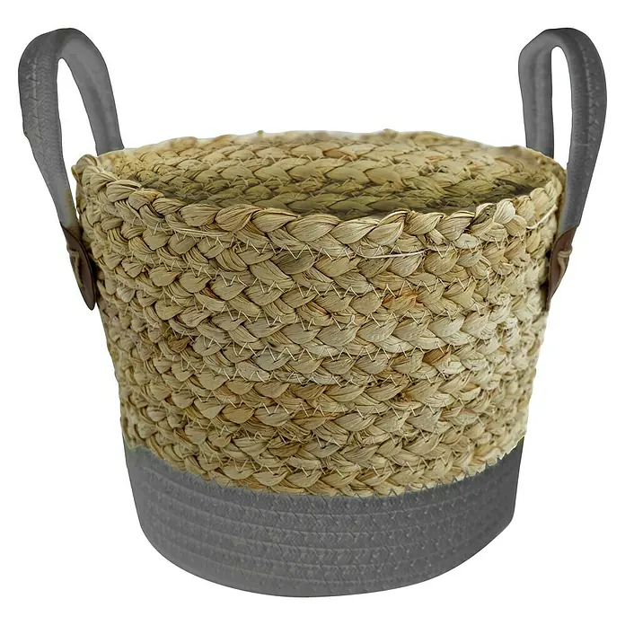 Korb Grasgeflecht - Natur/Grau, Ø x H: 25 x 20 cm - Dekorativer runder Korb aus Stroh mit grauen Akzenten und Griffen. Ideal für die Aufbewahrung und als stilvolles Wohnaccessoire.