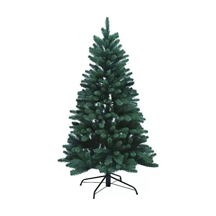 Xenotec Künstlicher Weihnachtsbaum - Höhe: 150 cm, Grün, Standfuß - Voller grüner künstlicher Weihnachtsbaum mit realistischen Nadeln, auf einem schwarzen Metallständer stehend.