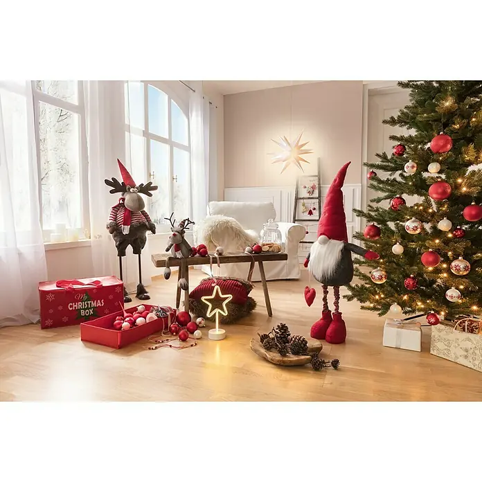 Tween Light Estrella LED colgante 3D - 50 cm, Blanco, Color de luz: Blanco cálido, IP44, Funcionamiento en red - Decoración navideña festiva con un gran árbol de Navidad, un gnomo y una caja de Navidad.