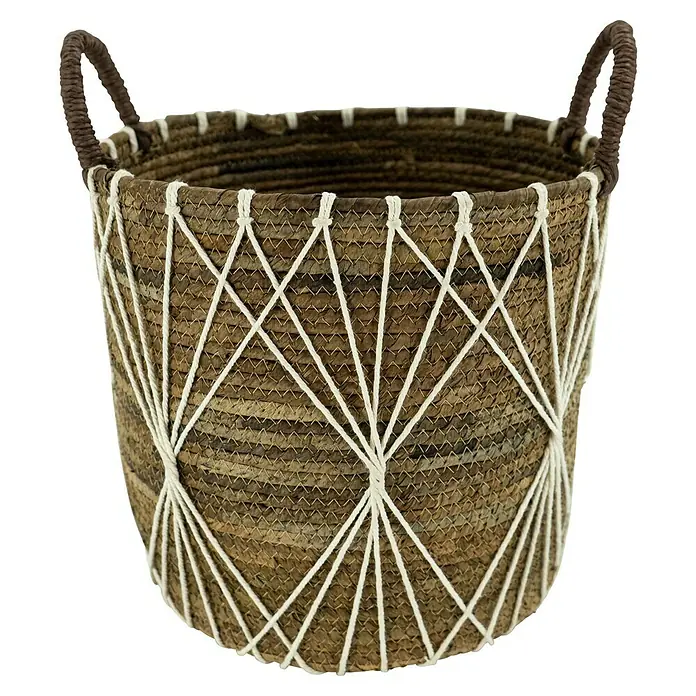 Korb Bananenblatt - Natur/Creme, Ø x H: 25 x 28 cm - Dekorativer geflochtener Korb mit Griffen und weißer Schnurverzierung. Perfekt für Ordnung und als stilvolles Wohnaccessoire.