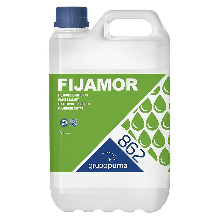 Grupo Puma Masilla de sellado FIJAMOR - 5 l - Botella de 5L de sellador de pintura FIJAMOR, un producto de Grupopuma, mostrado sobre un fondo transparente.