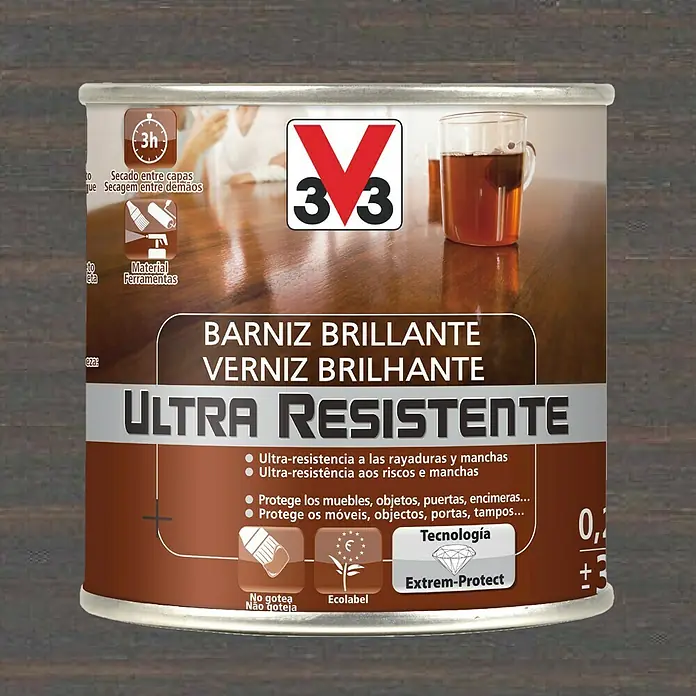 V33 Barniz para madera Brillante Ultra Resistente - Wengué, Brillante, 250 ml - Bote de barniz brillante para madera.