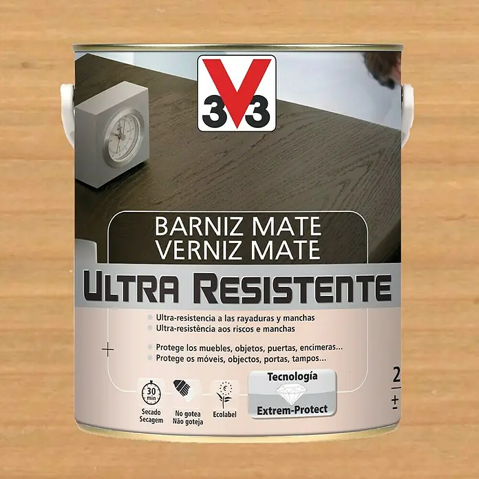 V33 Barniz para madera Mate Ultra Resistente - Roble claro, Mate, 2,5 l - Bote de barniz mate ultra resistente V33 para proteger muebles y superficies de arañazos y manchas.