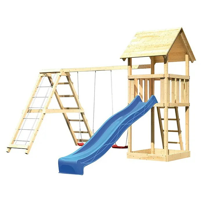 Karibu Kinderspielturm Lotti Set 11 - L x B x H: 264 x 415 x 291 cm, Natur/Blau - Abenteuerlicher Spielplatz mit Rutsche und Schaukel für stundenlangen Spaß im Freien.
