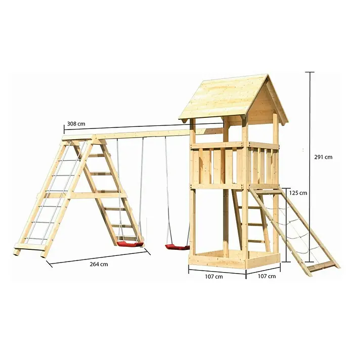 Karibu Kinderspielturm Lotti Set 22 - L x B x H: 264 x 415 x 291 cm, Natur - Abbildung eines Spielplatzes aus Holz mit Schaukel, Kletterwand und Spielhaus. Die Maße des Spielplatzes sind angegeben.