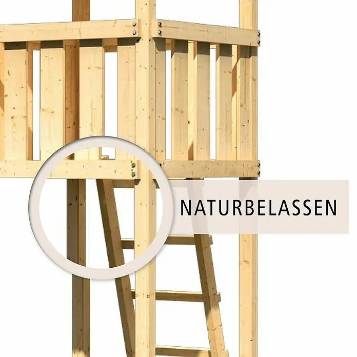 Karibu Kinderspielturm Lotti Set 52 - L x B x H: 264 x 454 x 291 cm, Natur/Rot - Nahaufnahme eines unbehandelten Holzspielturms mit einer Leiter und einem Geländer.