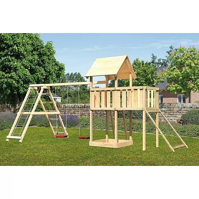 Karibu Kinderspielturm Lotti Set 44 - L x B x H: 264 x 522 x 291 cm, Natur - Spielplatz aus Holz mit Schaukel, Klettergerüst und Spielhaus.